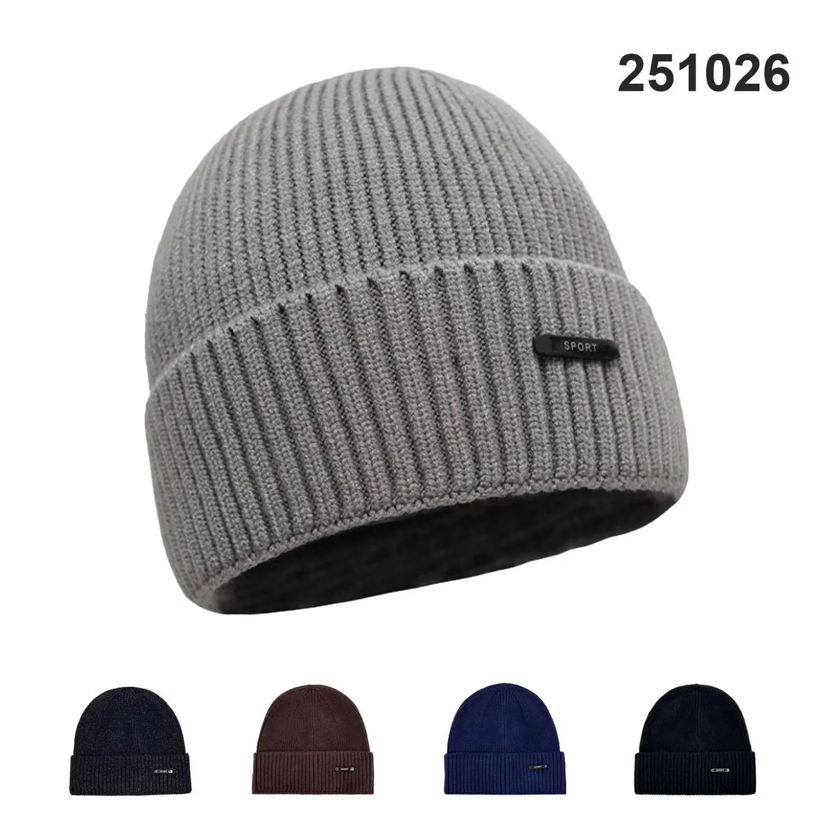 Czapka Zimowa Męska Prążkowana z Naszywką SPORT Mix Kolorów 12szt