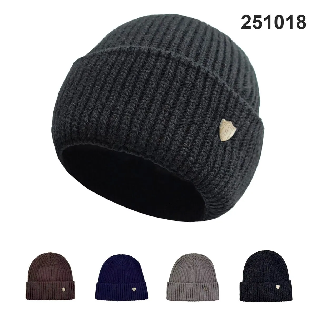 Czapka Zimowa Męska Prążkowana z Naszywką Mix Kolorów 12szt