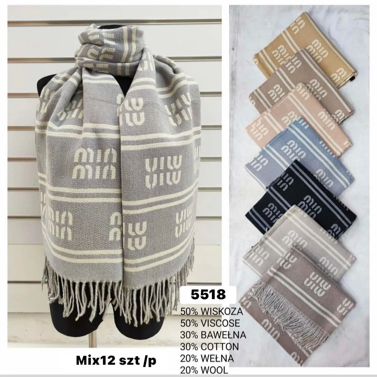Szaliki damskie 50% wiskoza 30% bawełna 20% wełna mix 12 szt
