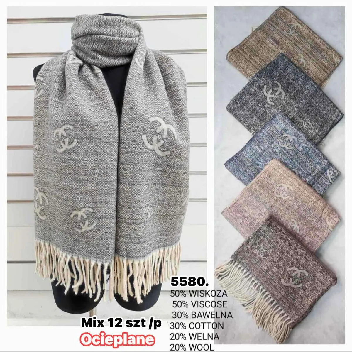 Szaliki damskie mix 12 szt 50% wiskoza 30% bawełna 20% wełna