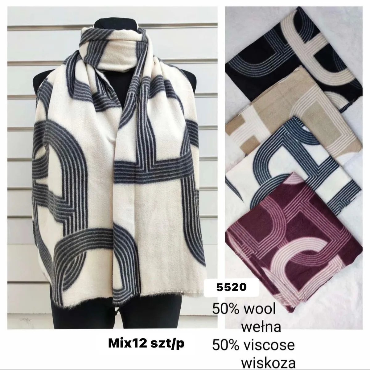 Szaliki damskie mix 12 szt 50% wełna 50% wiskoza