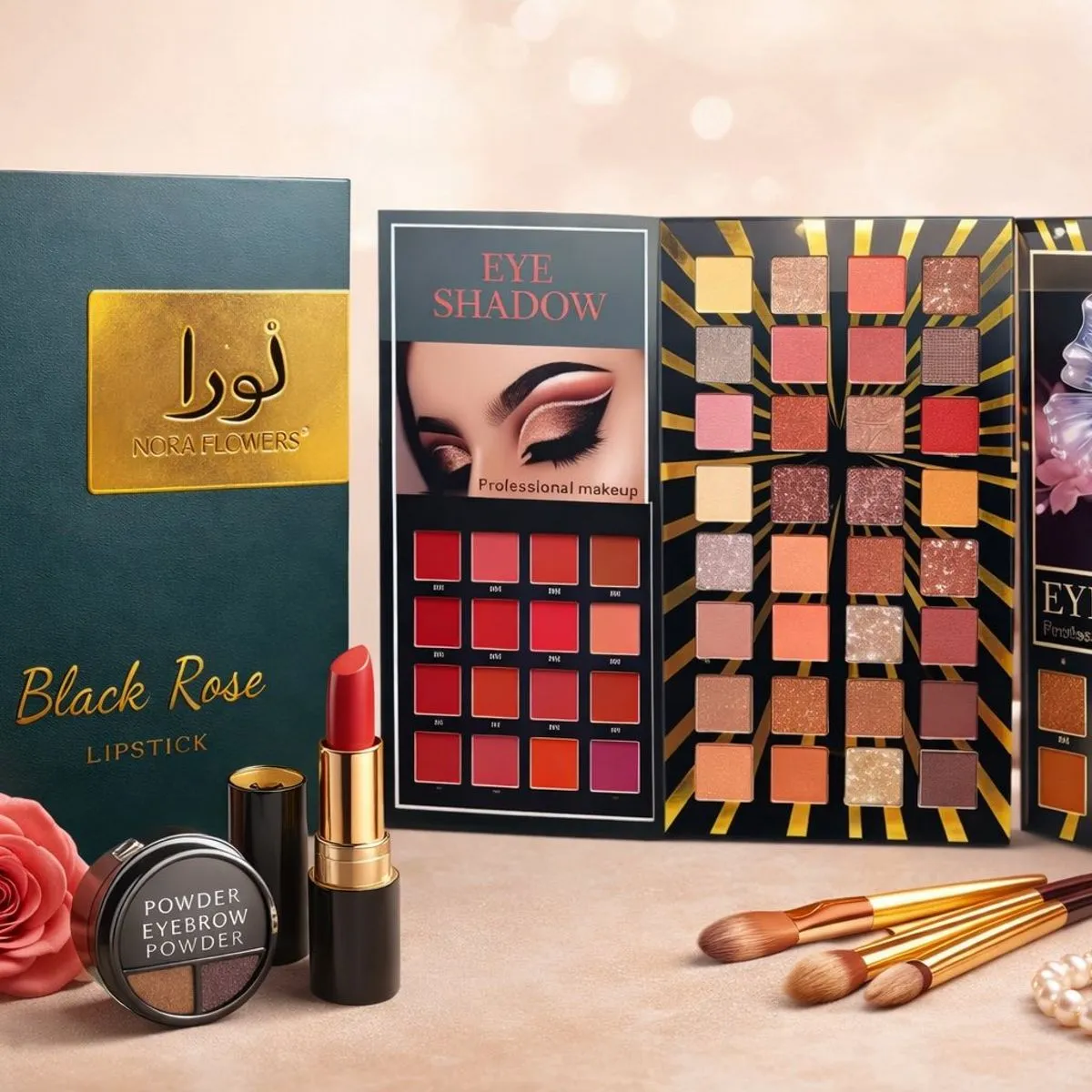 Zestaw do makijażu Black Rose: cienie, pomadka, puder