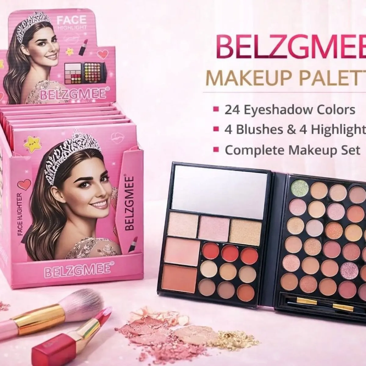 Zestaw do makijażu BelzGmee 24 cienie + 4 róże/highlighty