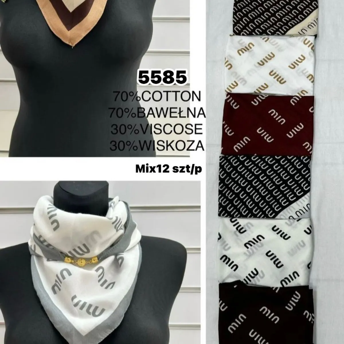 Szaliki damskie 70% bawełna 30% wiskoza MIX 12 szt