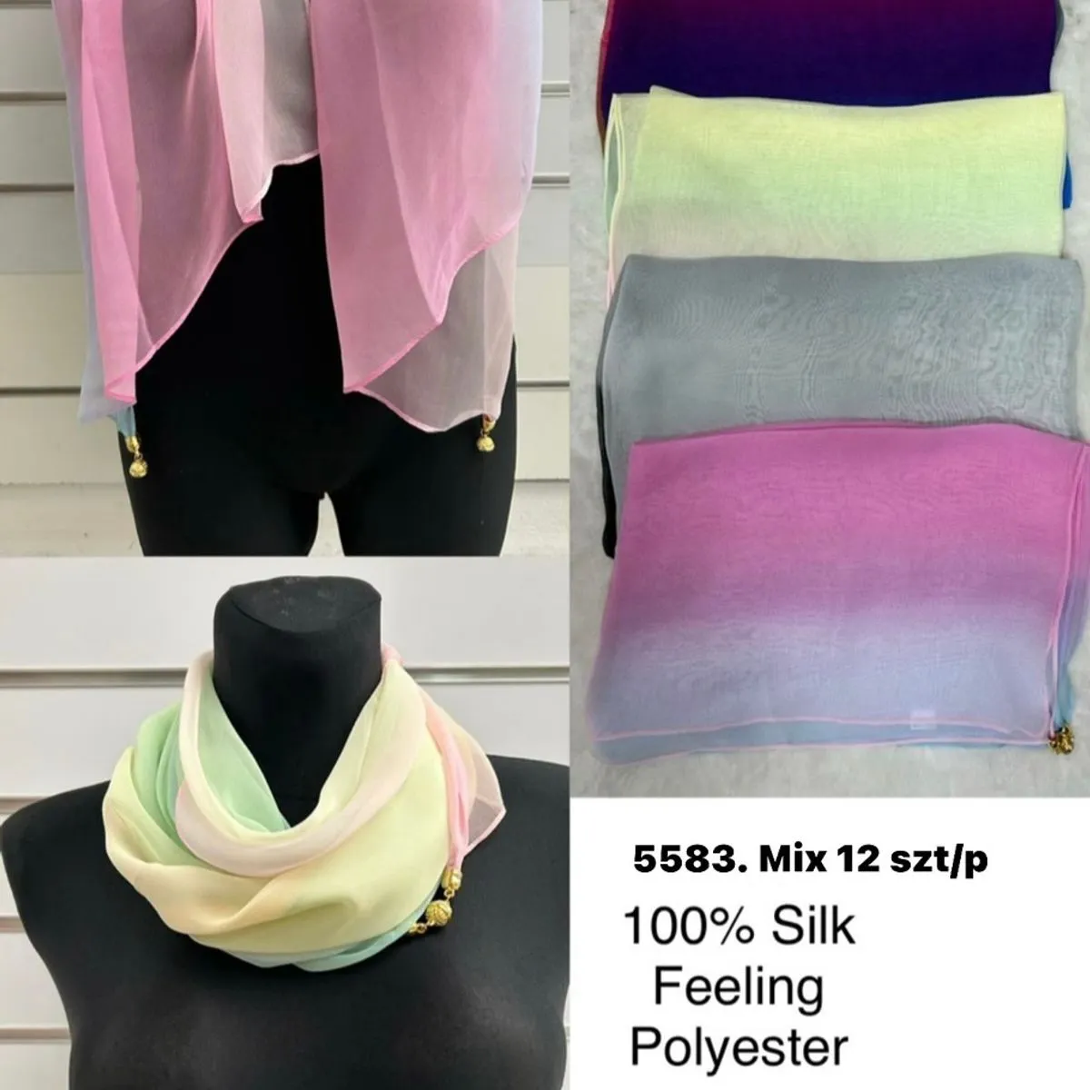 Szaliki damskie 100% Silk Feeling Poliester 6583 Mix 12 szt