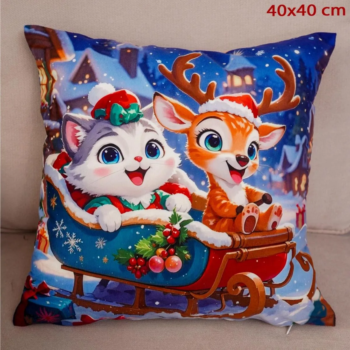 Poszewka Świąteczna 40x40cm Renifer i Kotek na Saniach