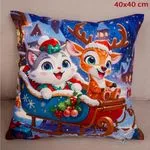 Poszewka Świąteczna 40x40cm Renifer i Kotek na Saniach