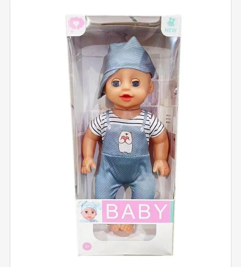 Lalka Baby Doll chłopiec w niebieskim kombinezonie