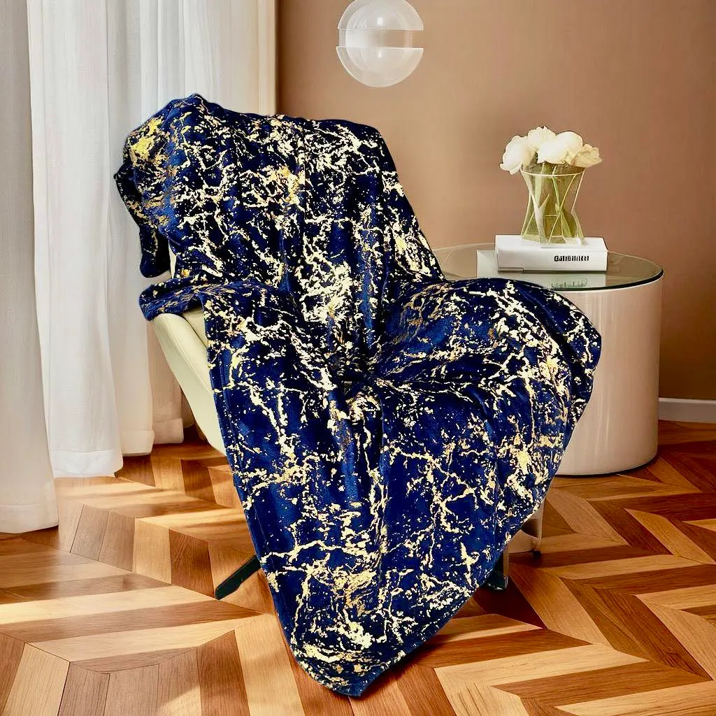 Marmurkowy Koc 160x200 cm Granatowo-Złoty