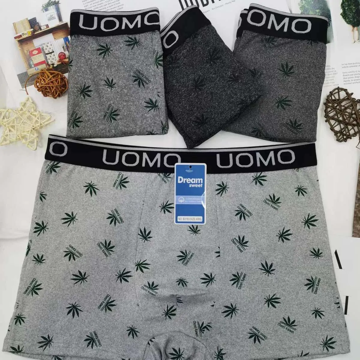Bokserki męskie UOMOMO szary liść konopi L-5XL B3783