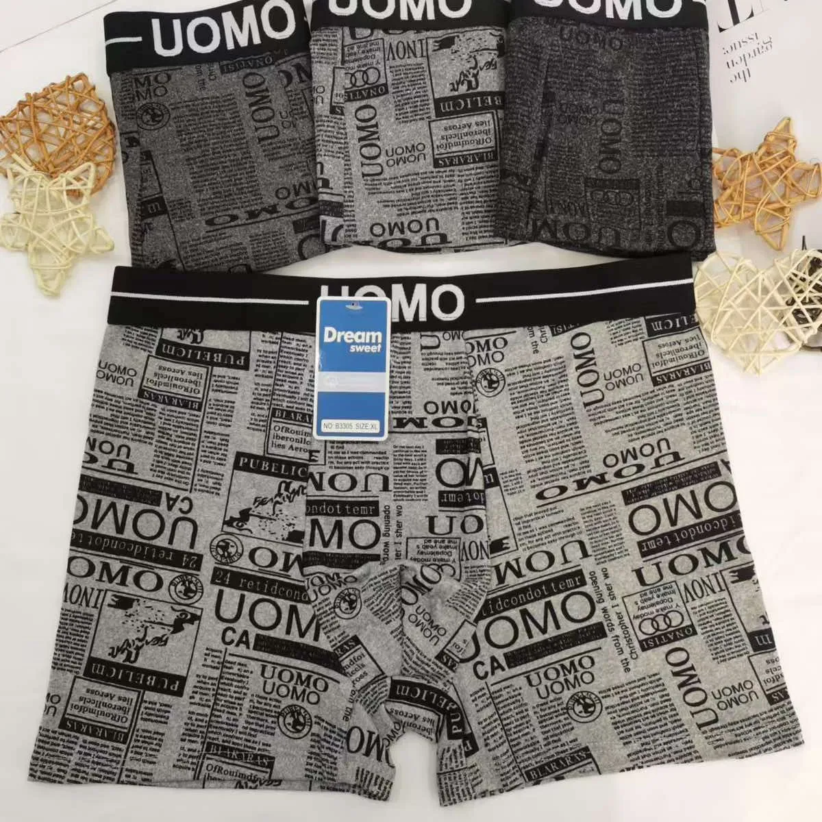 Bokserki męskie UOMOMUO szary wzór gazetowy B33054 M-L-XL-XXL-XXXL