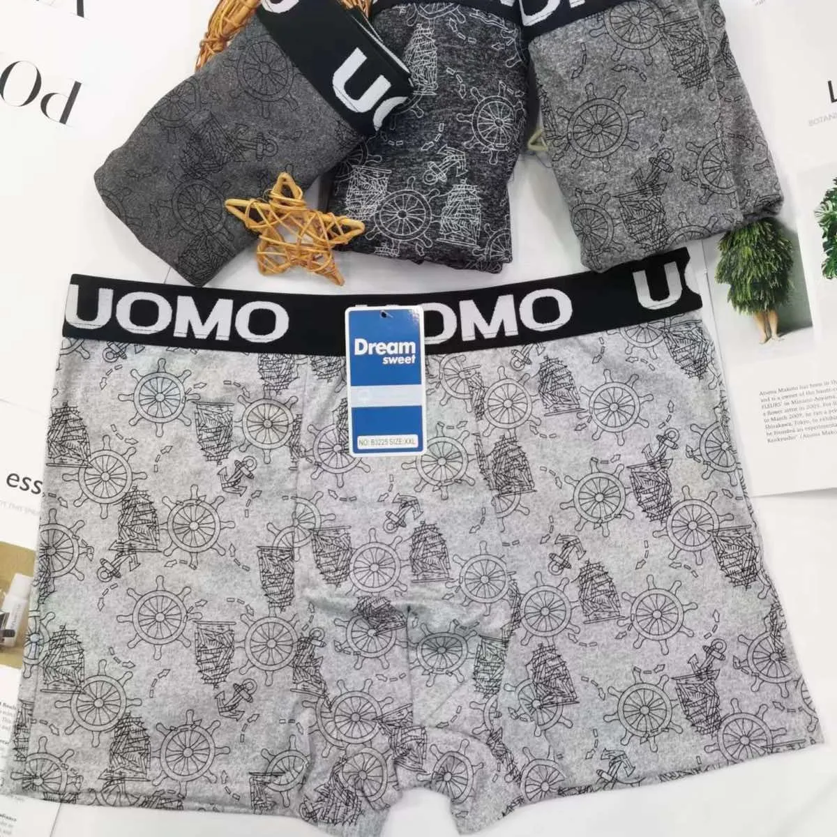 Bokserki męskie UOMOMO szare z kotwicami L-XXXXXXL