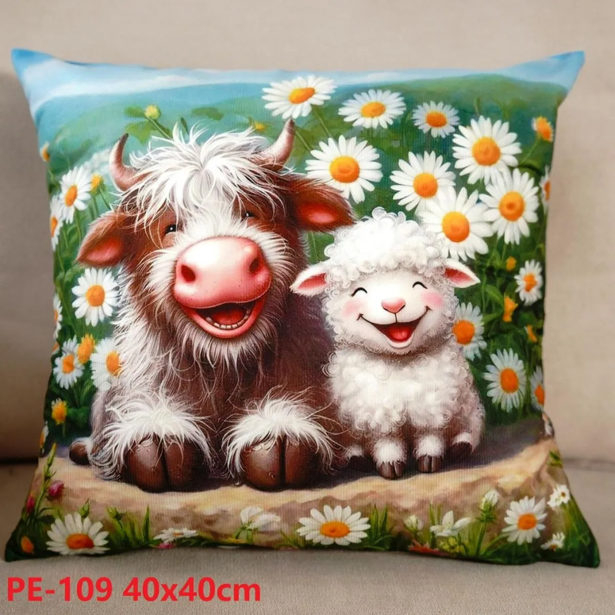 Poszewka Wielkanocowa 40x40 cm PE-109 z krową i jagnięciem