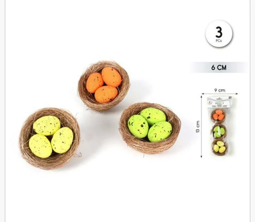 Ozdoby Wielkanocne - 3 gniazda z jajkami 6 cm