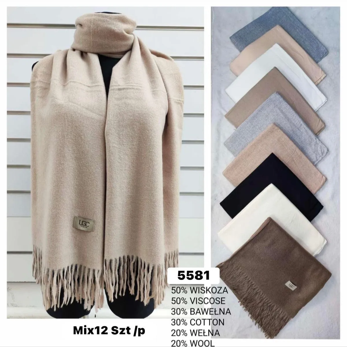 Szaliki damskie 50% wiskoza 30% bawełna 20% wełna Mix 12 szt