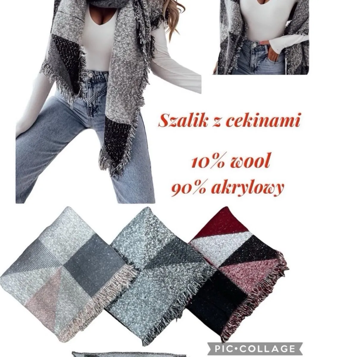 Szaliki damskie z cekinami 90% akryl 10% wełna