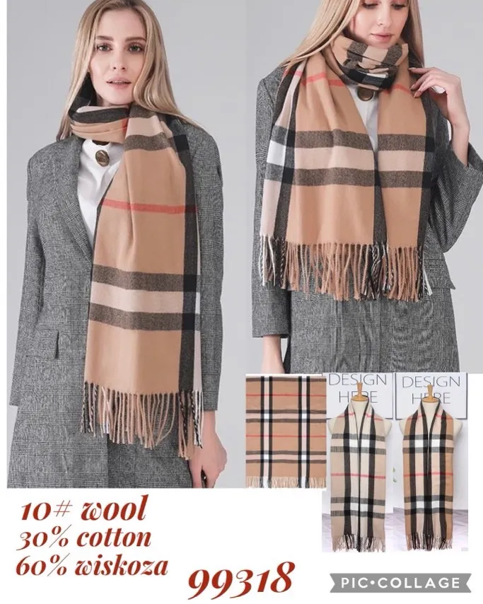 Szal damski w kratę beżowo-czarny 30% bawełna 10% wełna