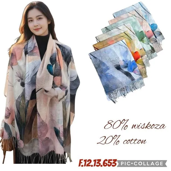 Szaliki damskie wzorzyste 80% wiskozy 12 szt/opak.