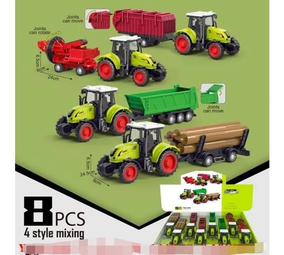 Zestaw 4 traktorów z przyczepami 24 cm zielony/czerwony
