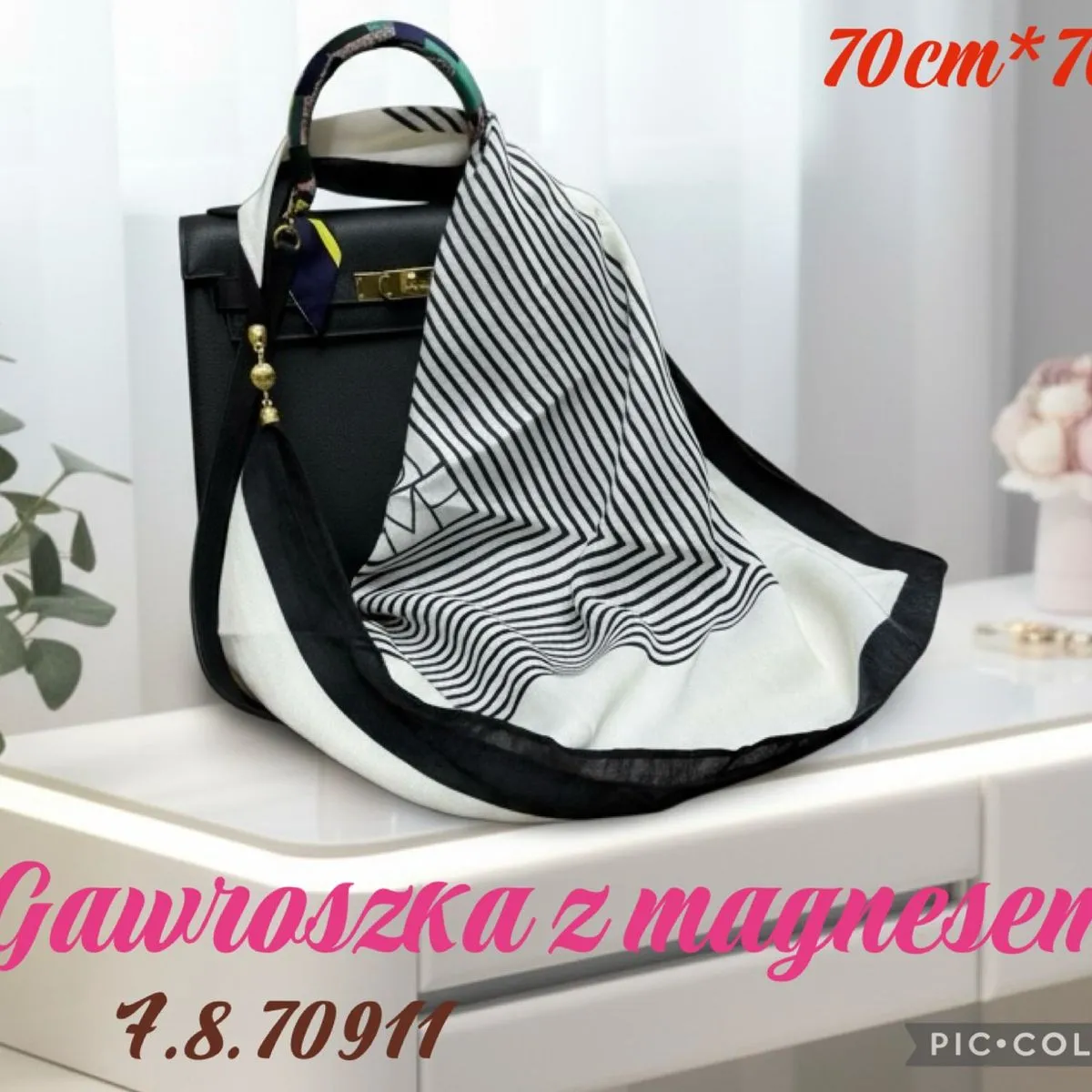 Chusta damska 70cm x 70cm biało-czarna z magnesem