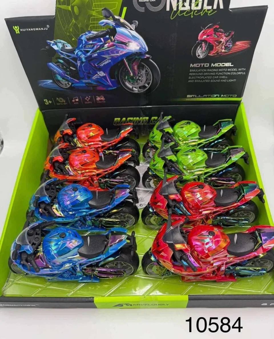 Mini modele motocykli metalizowanych, światło i dźwięk, 8szt