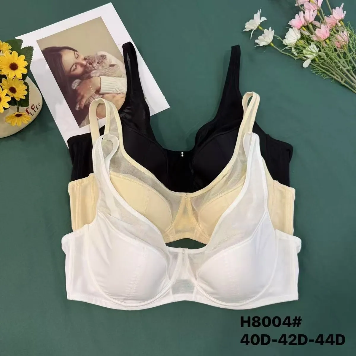 Biustonosze damskie H8004 z siateczką, 40D-44D, czarny/beżowy/biały, 6 szt.
