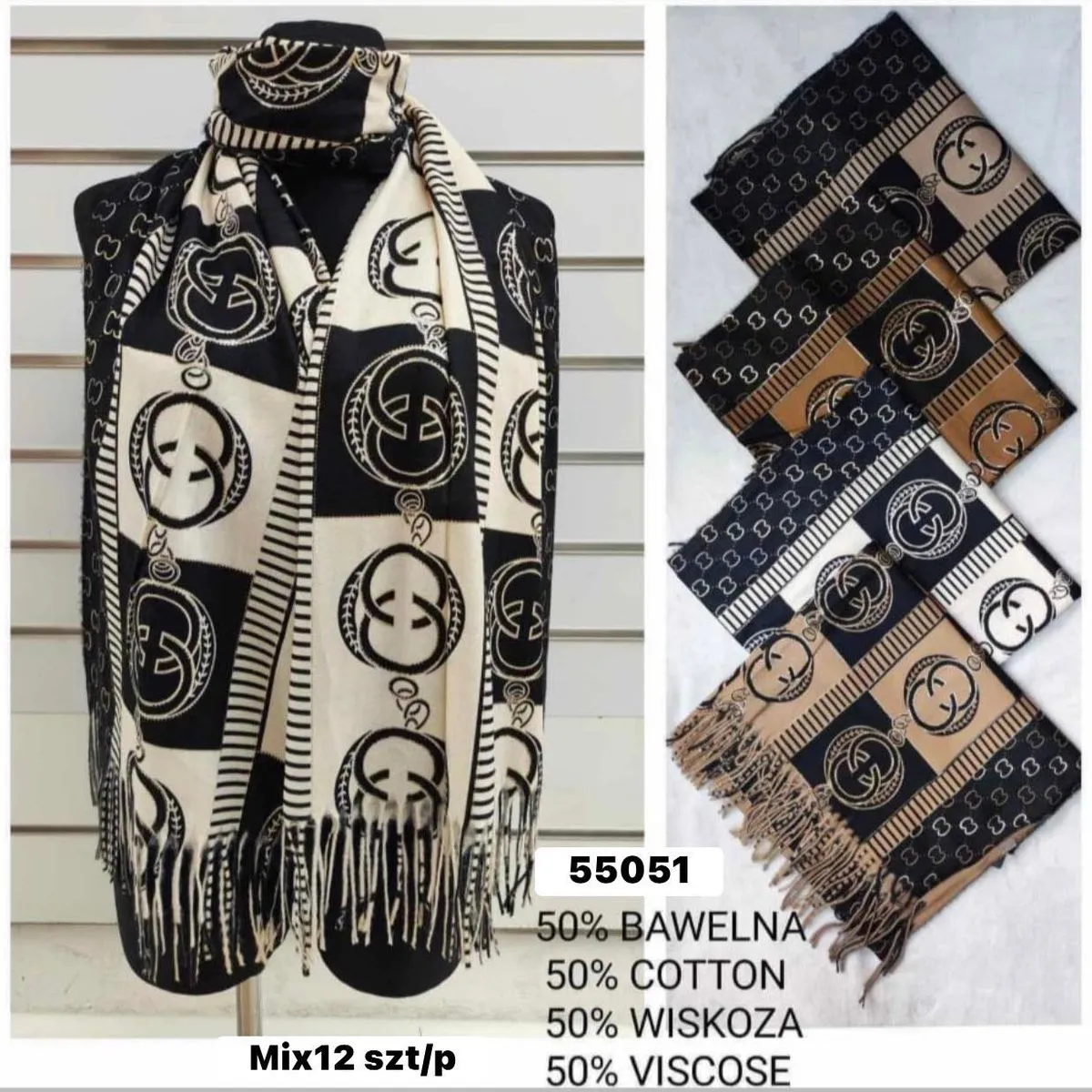 Szaliki damskie Mix 12 szt 50% bawełna 50% wiskoza