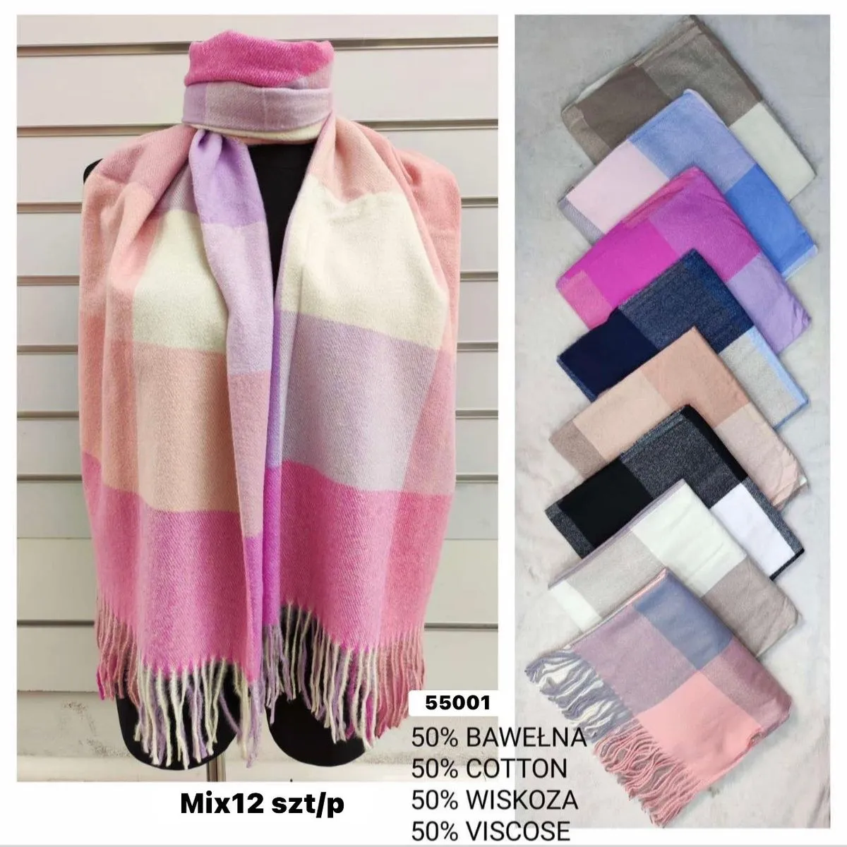 Szaliki damskie 50% bawełna 50% wiskoza mix 12 szt