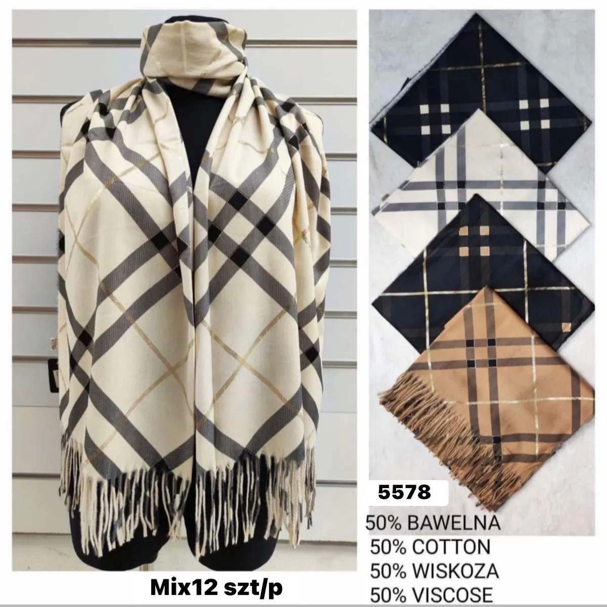 Szaliki damskie w kratę 50% bawełna 50% wiskoza Mix12 szt