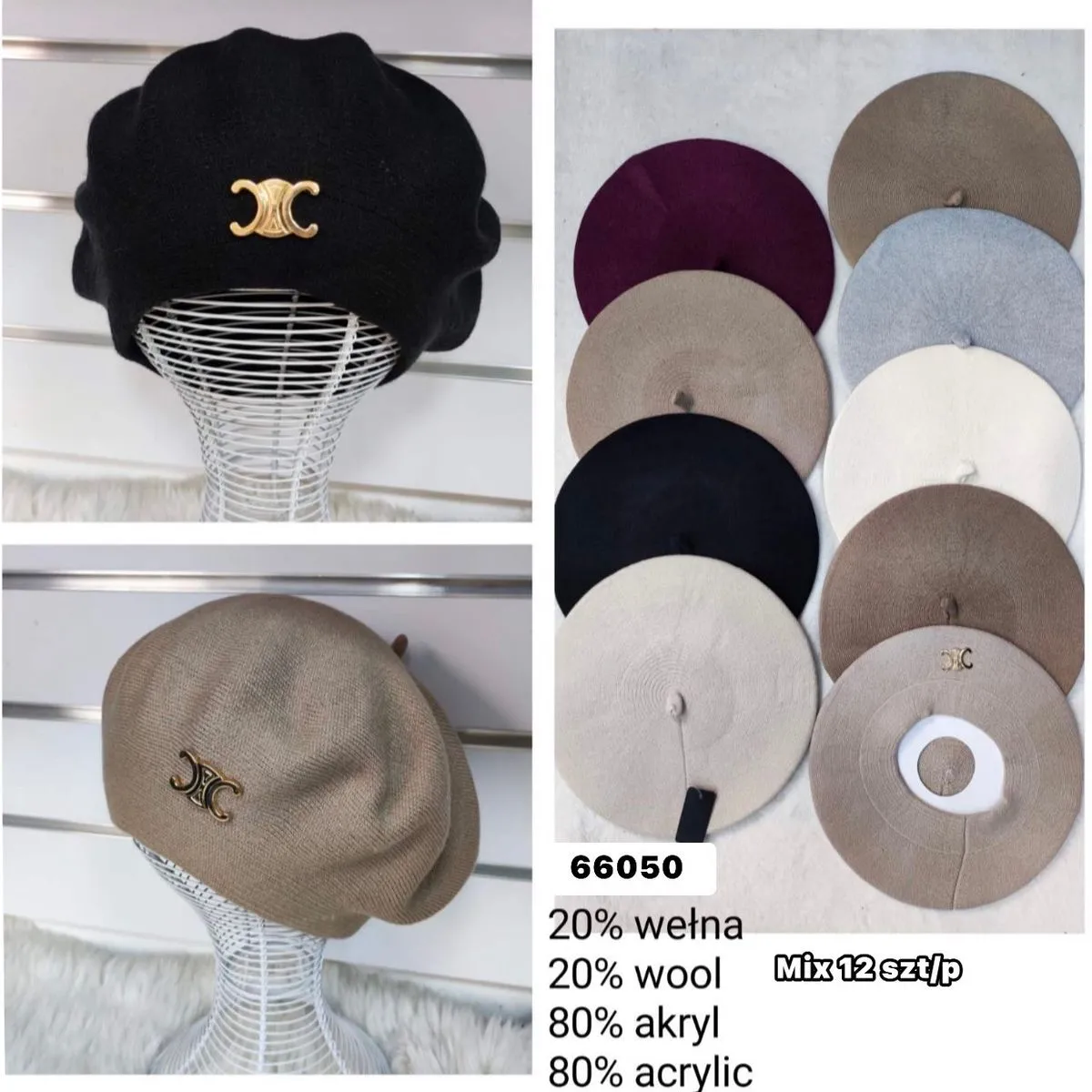 Czapki damskie berety 20% wełna 80% akryl mix 12 szt