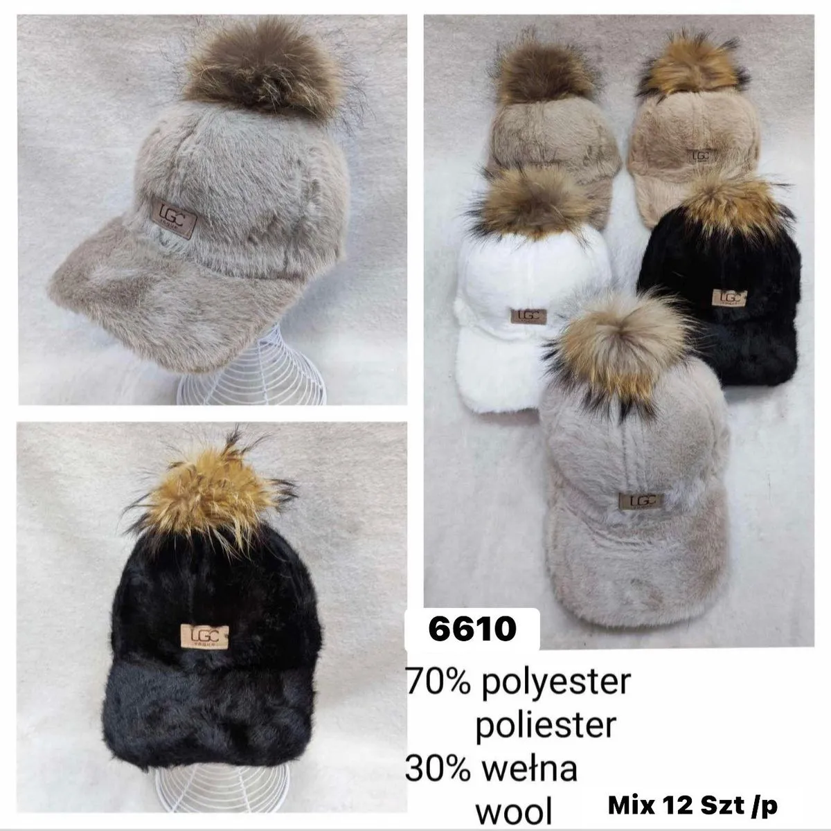 Czapki damskie z pomponem LG 70% poliester 30% wełna Mix 12 szt