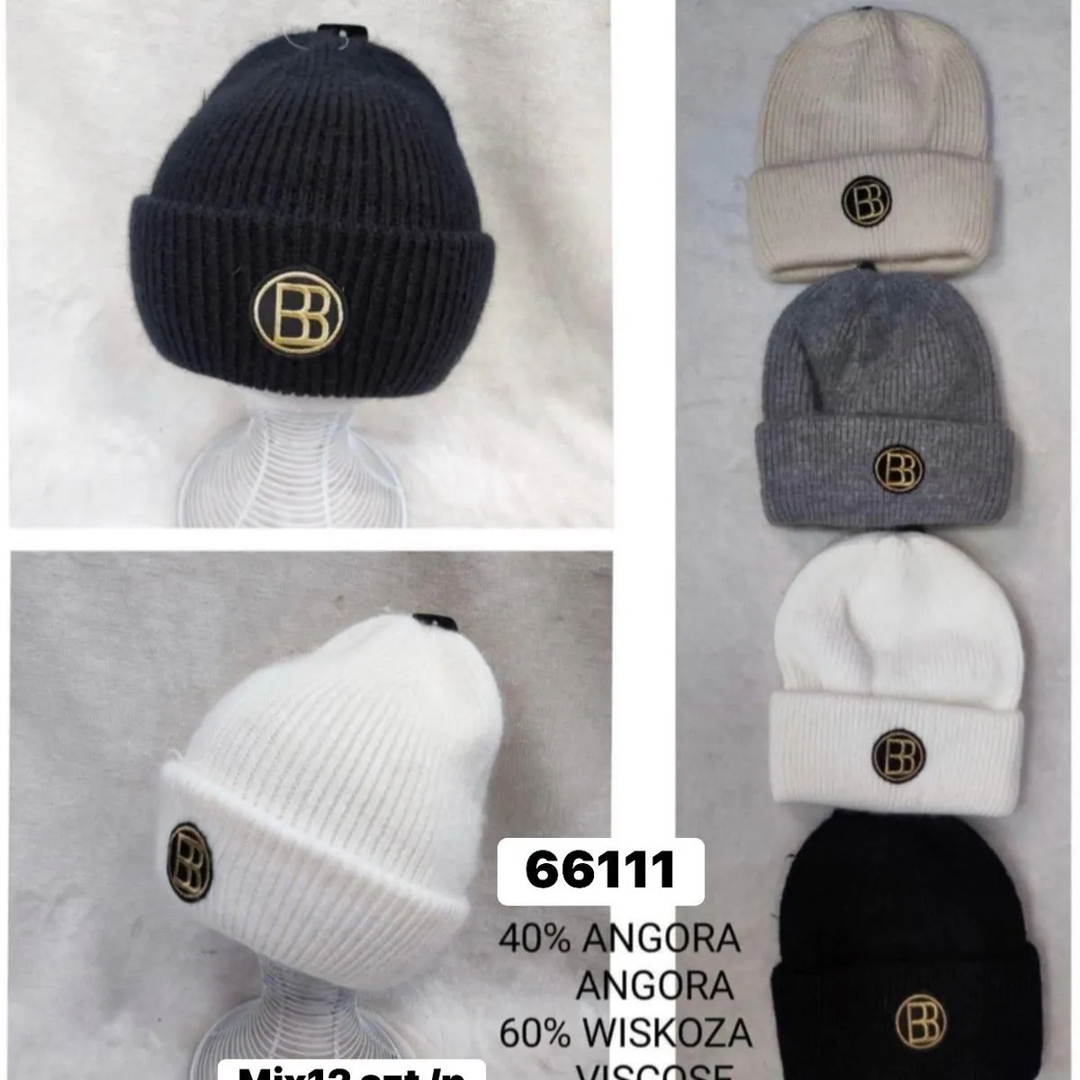 Czapki damskie beanie mix 12 szt 40% angora 60% wiskoza