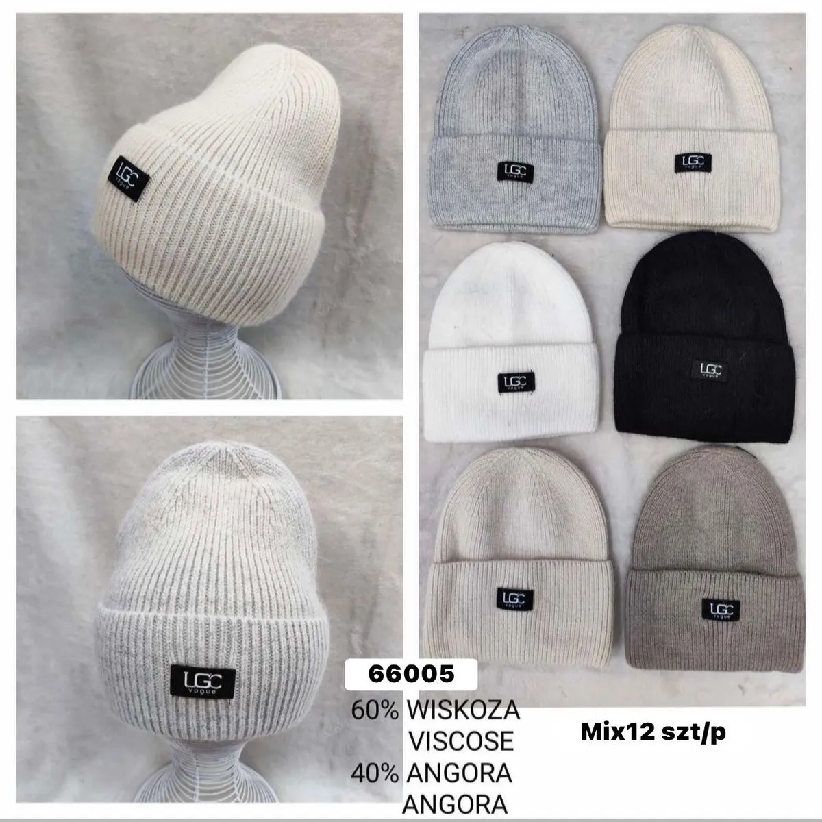 Czapki damskie beanie LG 66% wiskoza Mix 12 szt