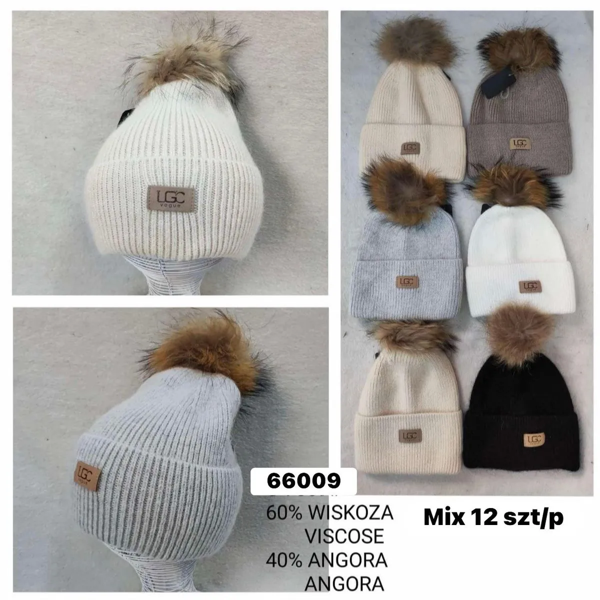 Czapki damskie z pomponem 60% wiskozy 40% angory