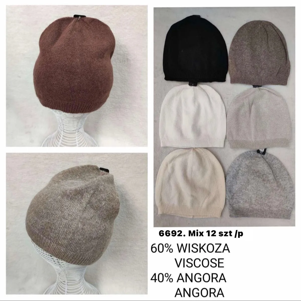 Czapki damskie beanie 60% wiskoza 40% angora mix kolorów