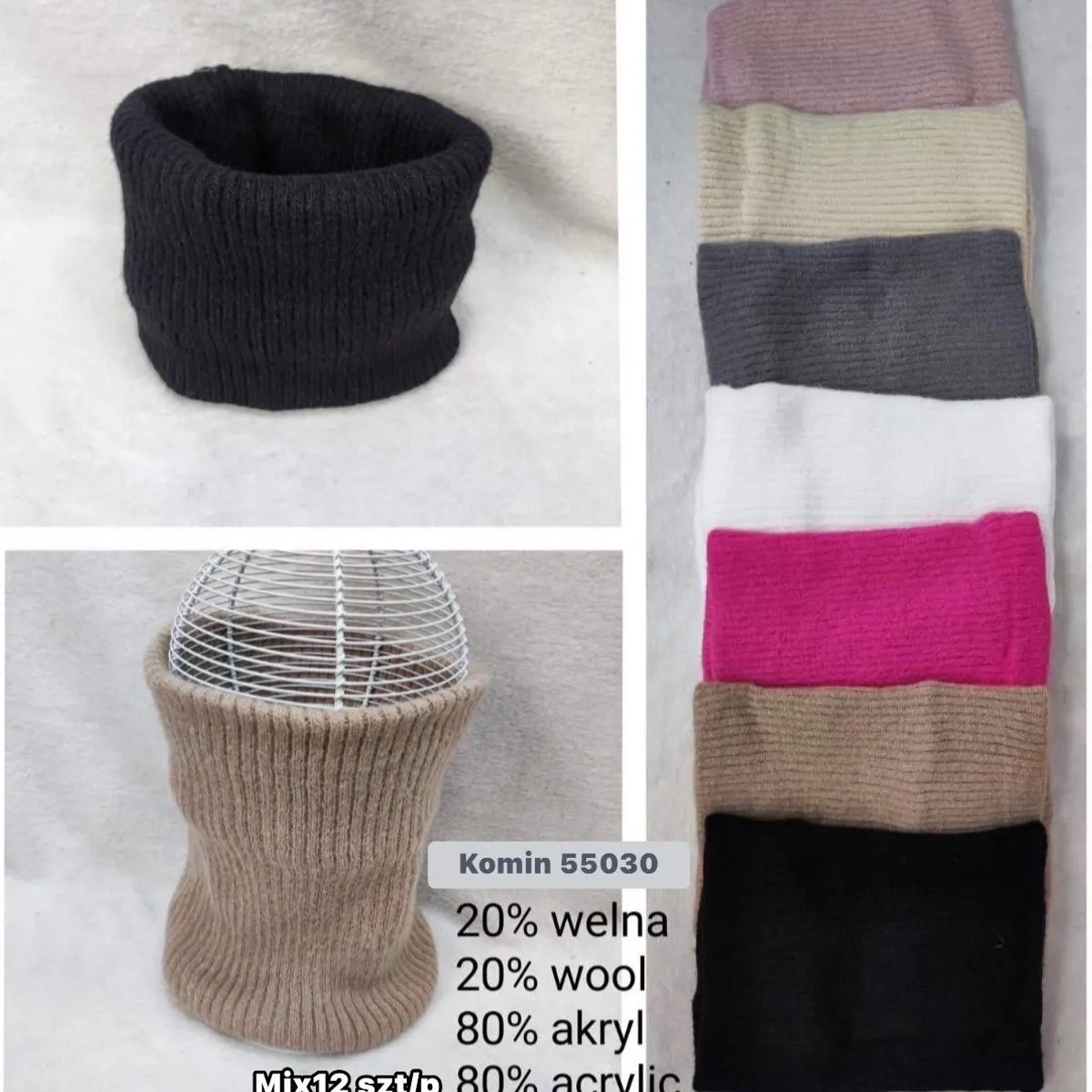 Komin Damski 20% Włókno Wełny 80% Akryl Mix 12 szt