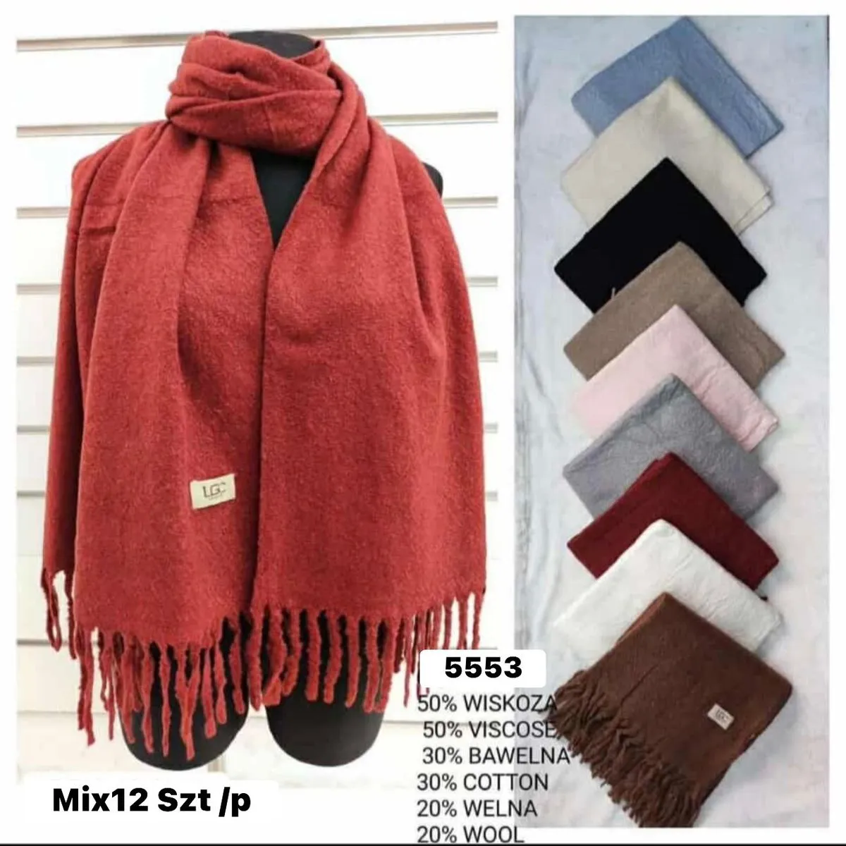 Szaliki damskie mix kolorów 50% wiskoza 30% bawełna 20% wełna