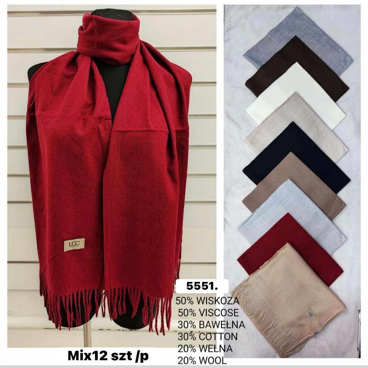 Szaliki damskie mieszane 50% wiskoza 30% bawełna 20% wełna Mix 12 szt