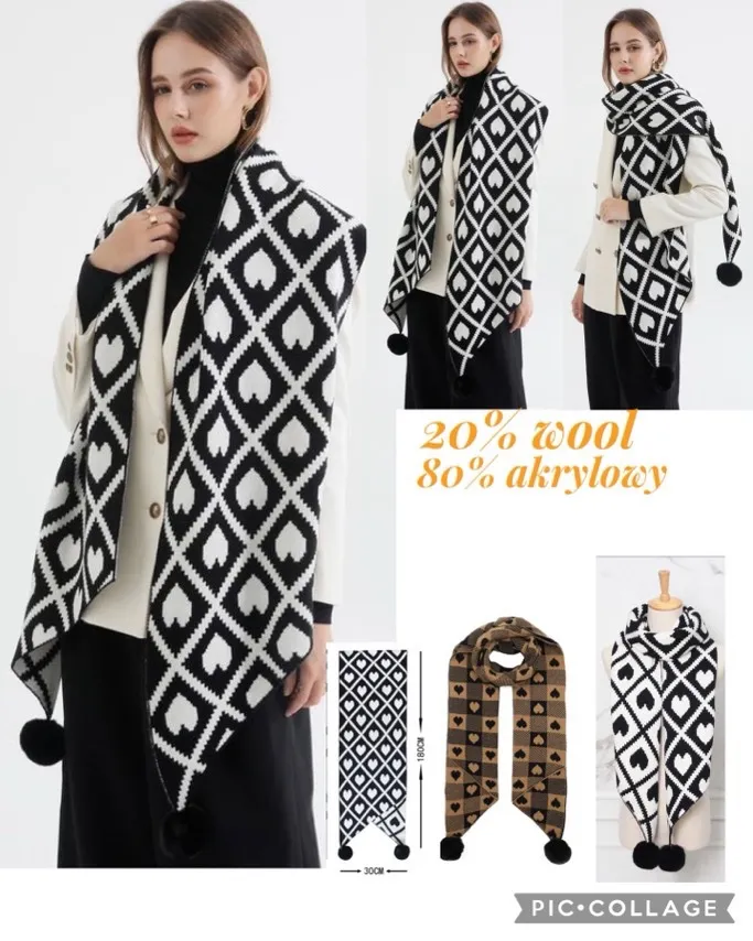 Szaliki damskie wzór serca 20% wool czarne/białe