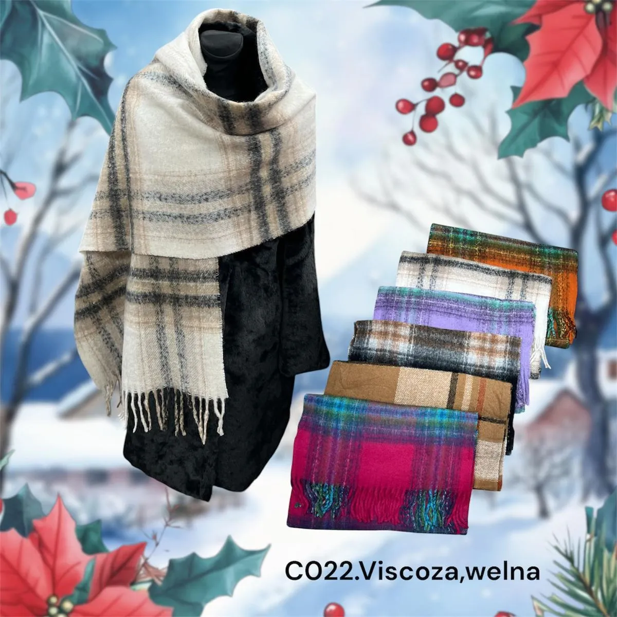 Szaliki damskie w kratę CO2 Viscose Włna