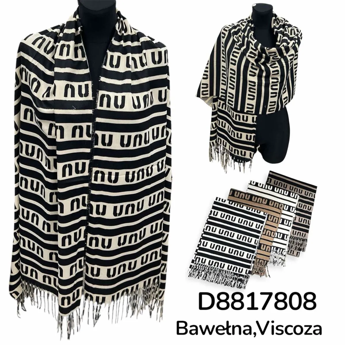 Szalik damski bawełna wiskoza wzór paski frędzle D8817808