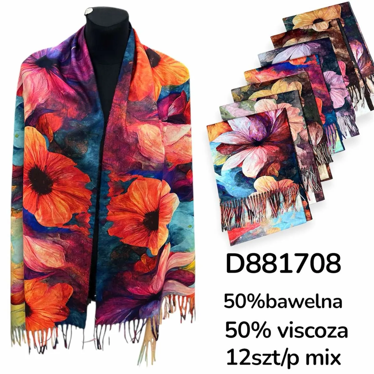 Szalik damski kwiatowy wzór, 50% bawełna 50% wiskoza, mix kolorów