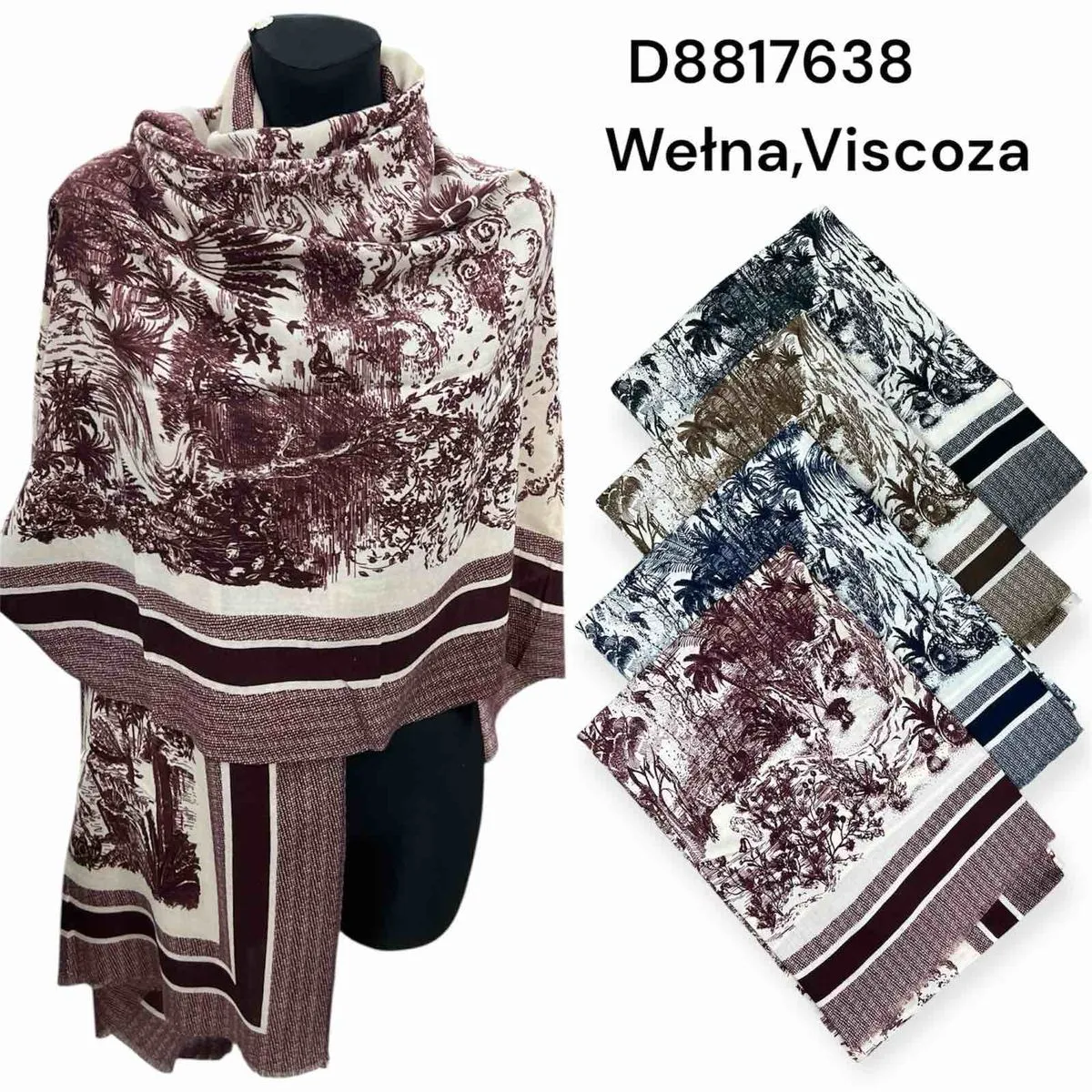 Szalik damski wełna i wiskoza, wzór pejzaż, mix kolorów 12 szt.