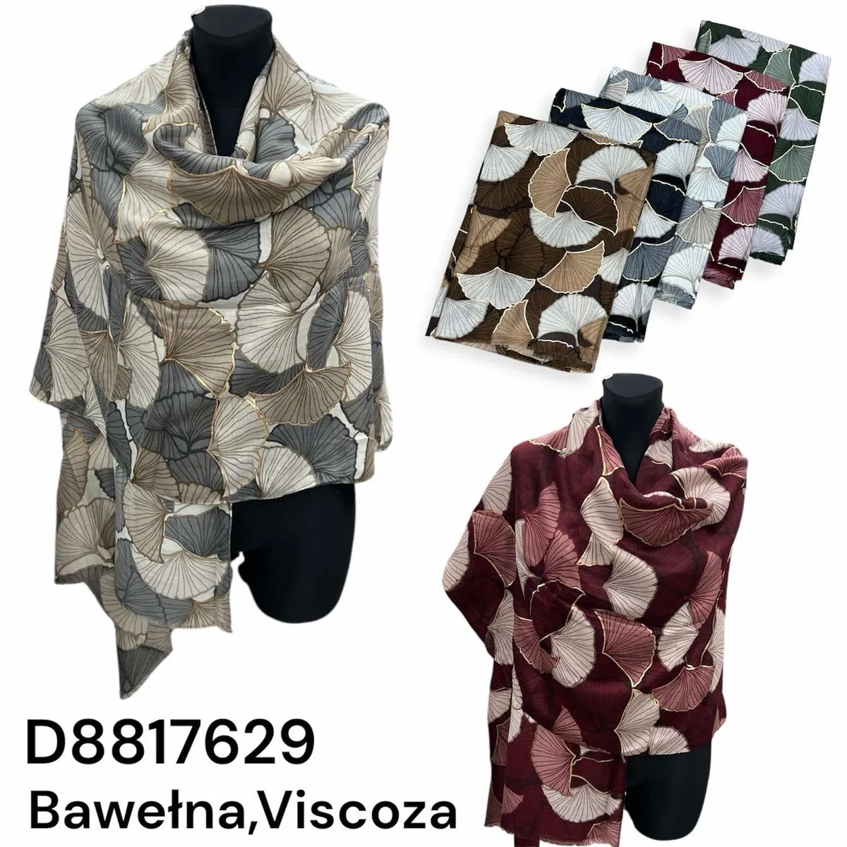 Szal damski bawełna wiskoza wzór miłorząb złote kontury mix