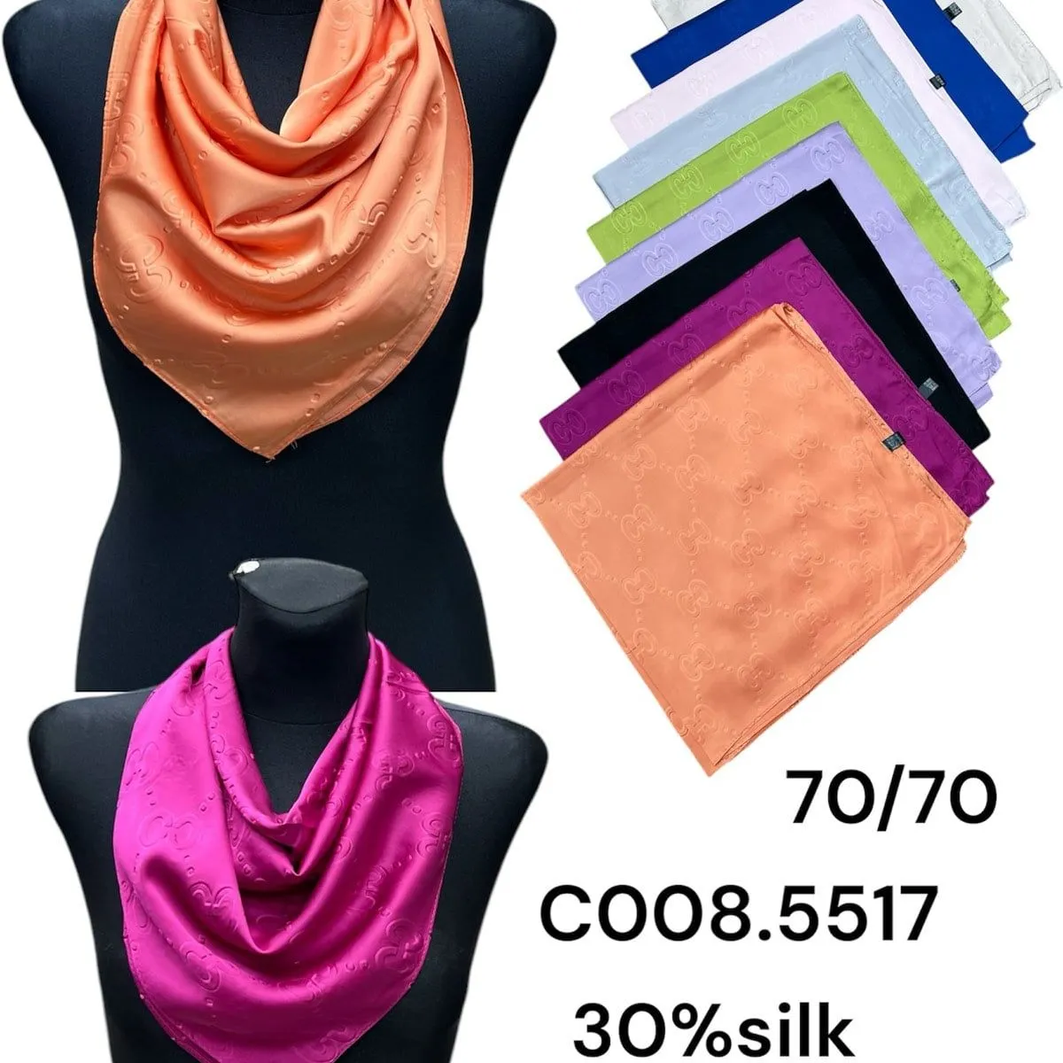 Szalik damski apaszka 70x70 cm 30% jedwab wzór monogram mix
