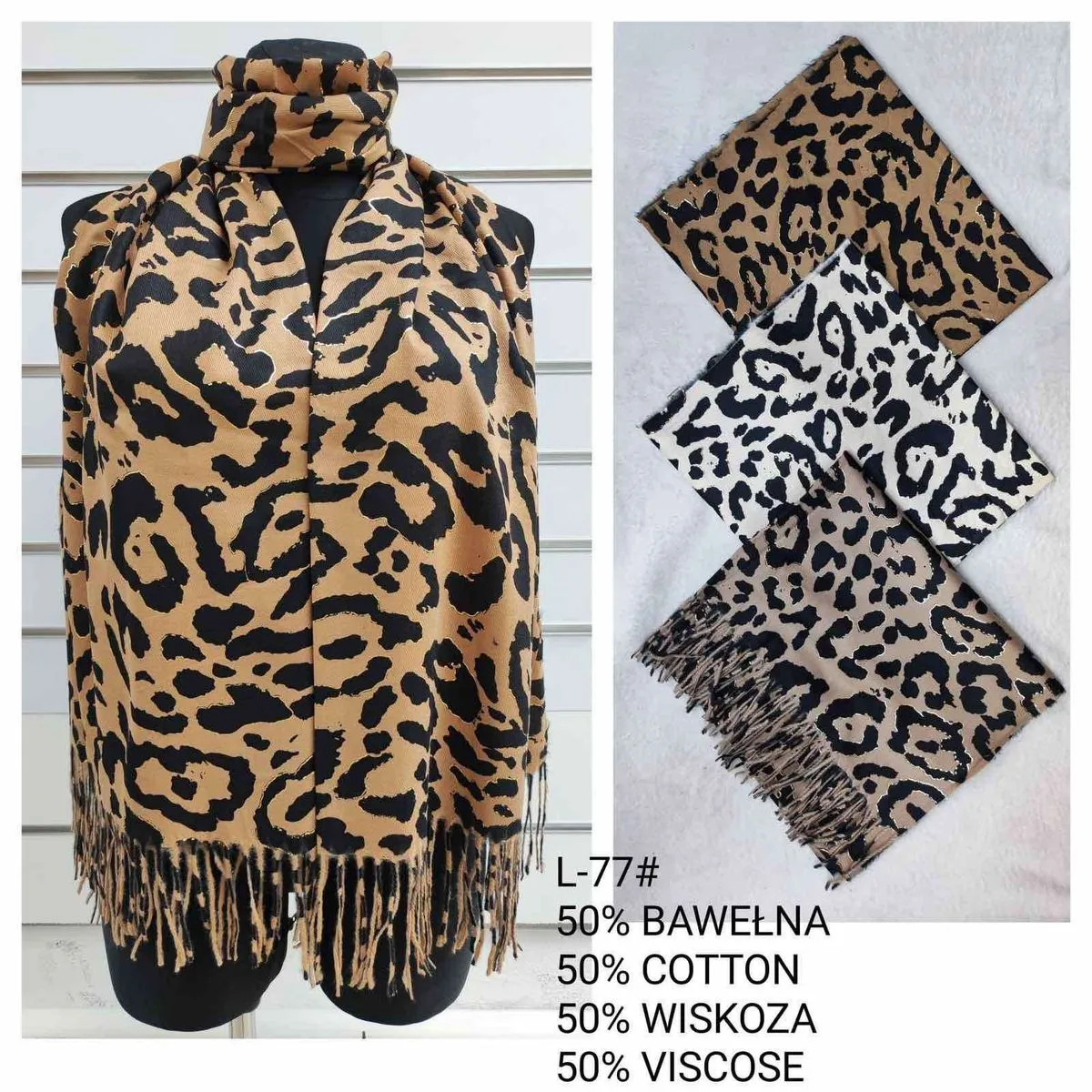 Szaliki damskie wzór leoparda 50% bawełna 50% wiskoza L-77