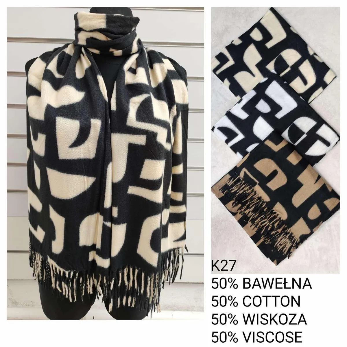 Szaliki damskie wzorzyste 50% bwełna 50% wiskoza K27