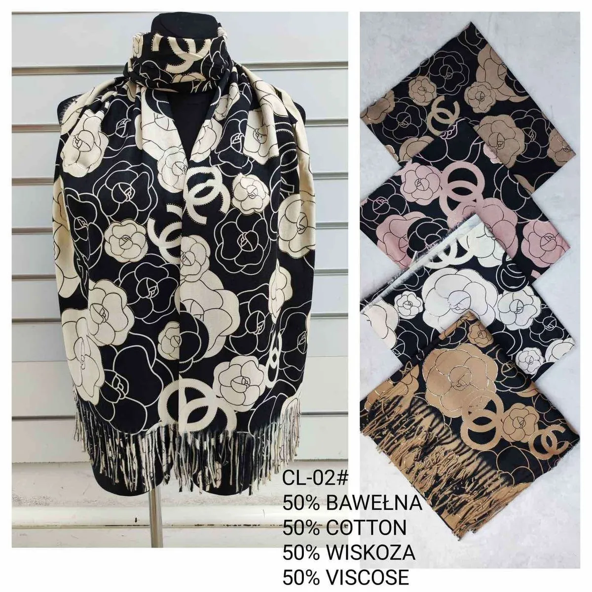 Szaliki damskie CL-02 wzór Chanel 50% bawełna 50% wiskoza