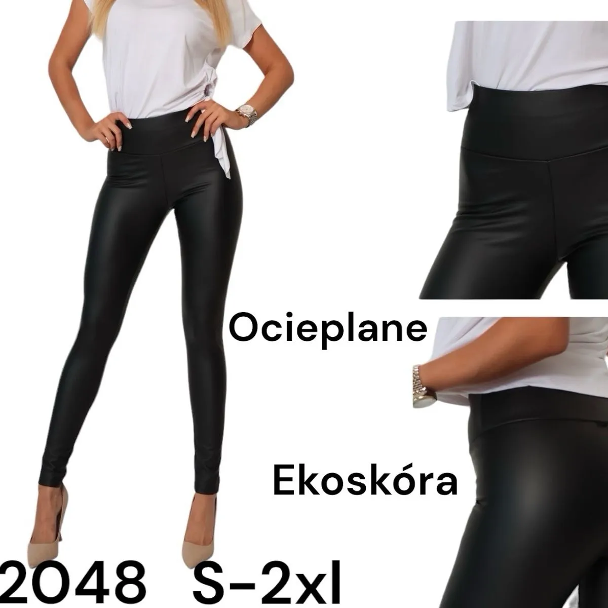 Leggingsy damskie czarne eko-skóra S-2XL C20488