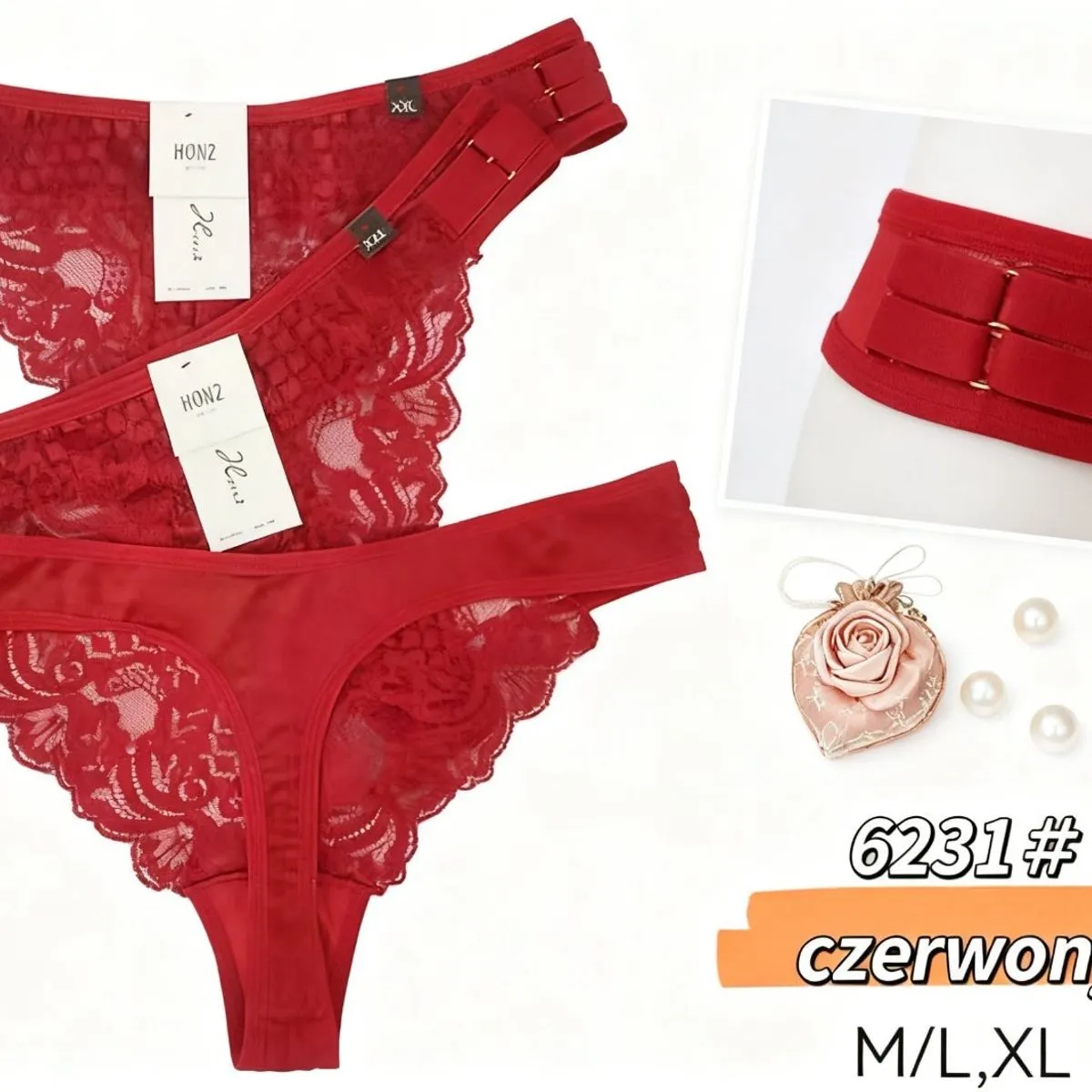 Stringi damskie czerwone koronkowe M/L/XL 6231#